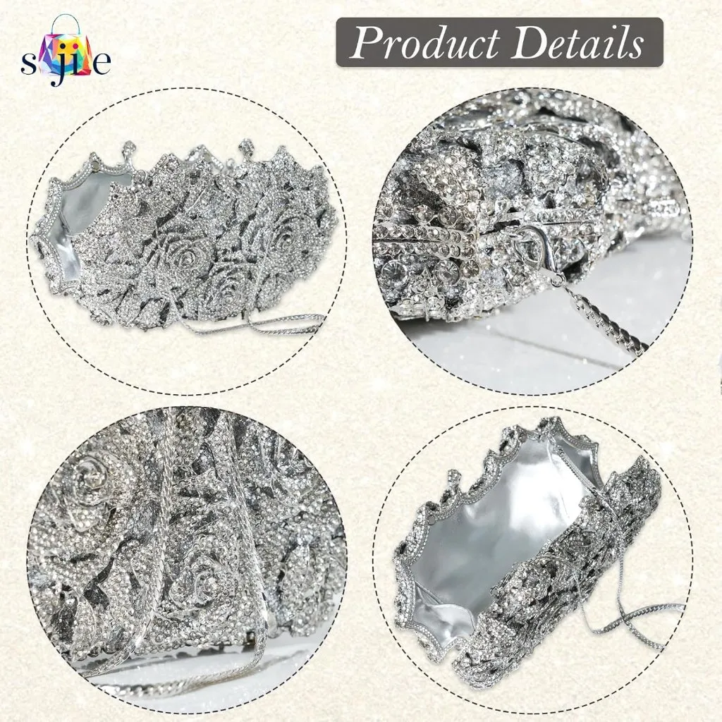 ⚡ Women's Rhinestone Sparkly Handmade Glitter Diamond Flower Silver Clutch Bag - Image 4