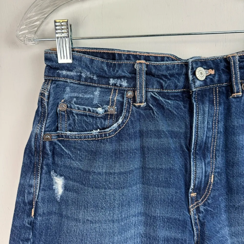 American Eagle Tom Girl Denim Jean Shorts Sz 6 Dark Wash Distressed Raw Hem - Image 5