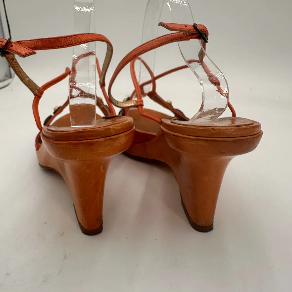 Cole Haan Red & Orange Slingback Retro Disco Wooden Heel Wedge Sandals Size 10.5 - Image 6