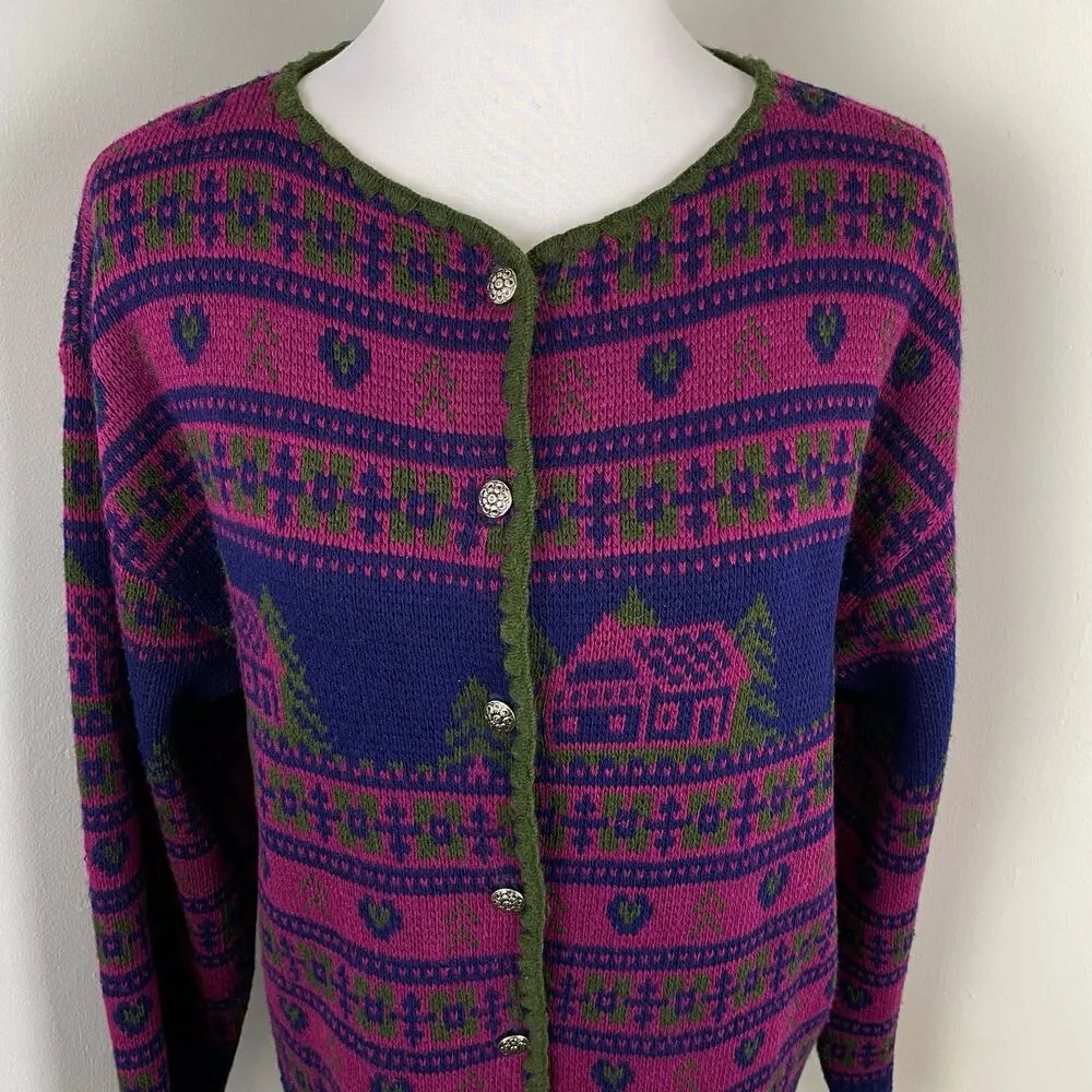 Vintage Hastings & Smith Fair Isle Outdoorsy Wool Cardigan Sweater Large Pink - Image 4