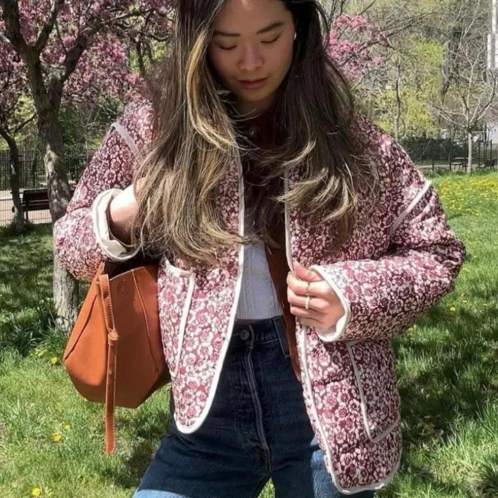 Woven Ditsy Floral Oversized Puffer Jacket boho garden party whimsical Pink - Image 10