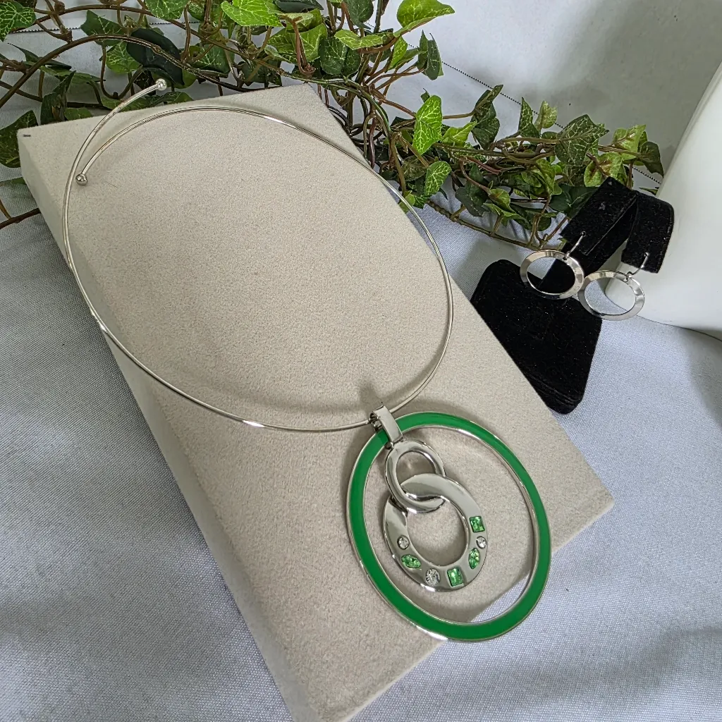 Silver Choker Necklace with Green Enamel Circle Pendant and Earrings Set - Image 3