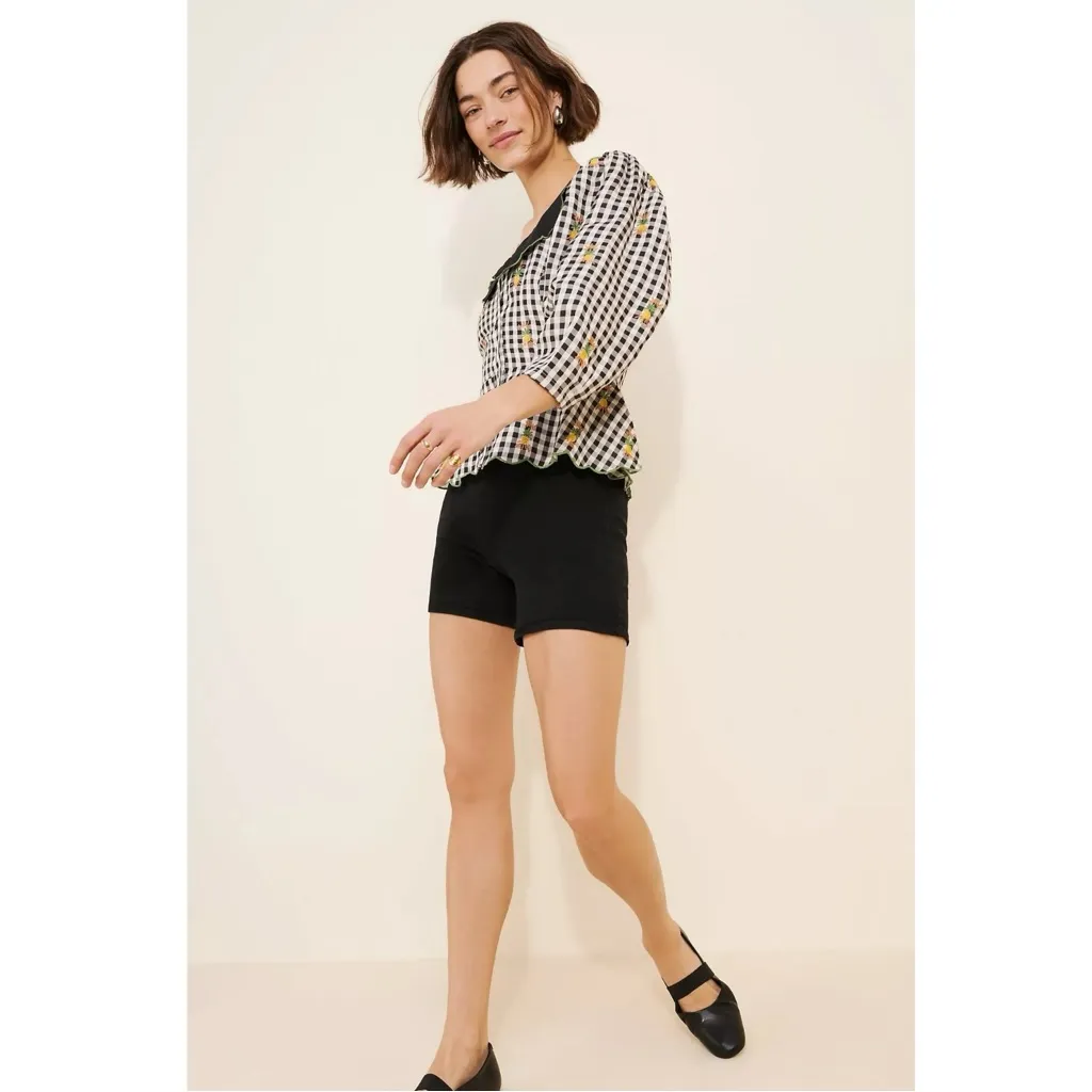 Farm Rio Cottage Linen Blend Peter Pan Collar Gingham Embroidered Top Size XL - Image 6