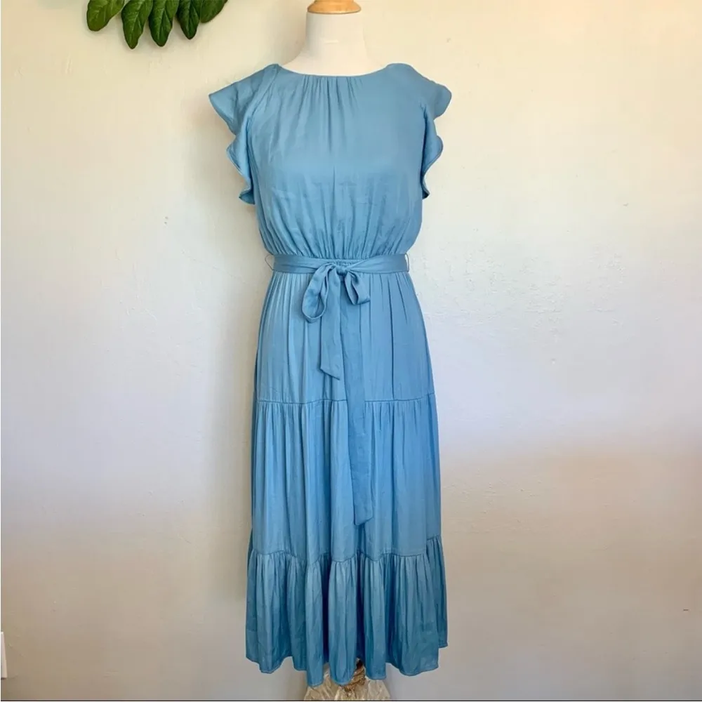 LOFT Cornflower Blue Tiered Ruffle Flutter Midi Dress S - Image 3