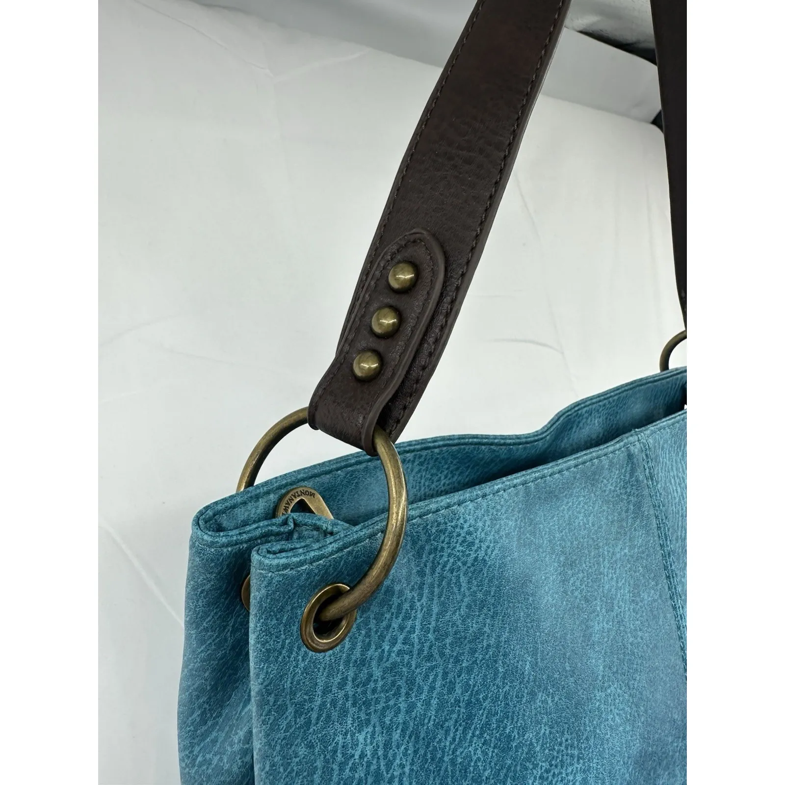 Montana West Hobo Handbag Turquoise & Brown Shoulder Purse Zipper EUC Women's - Image 3