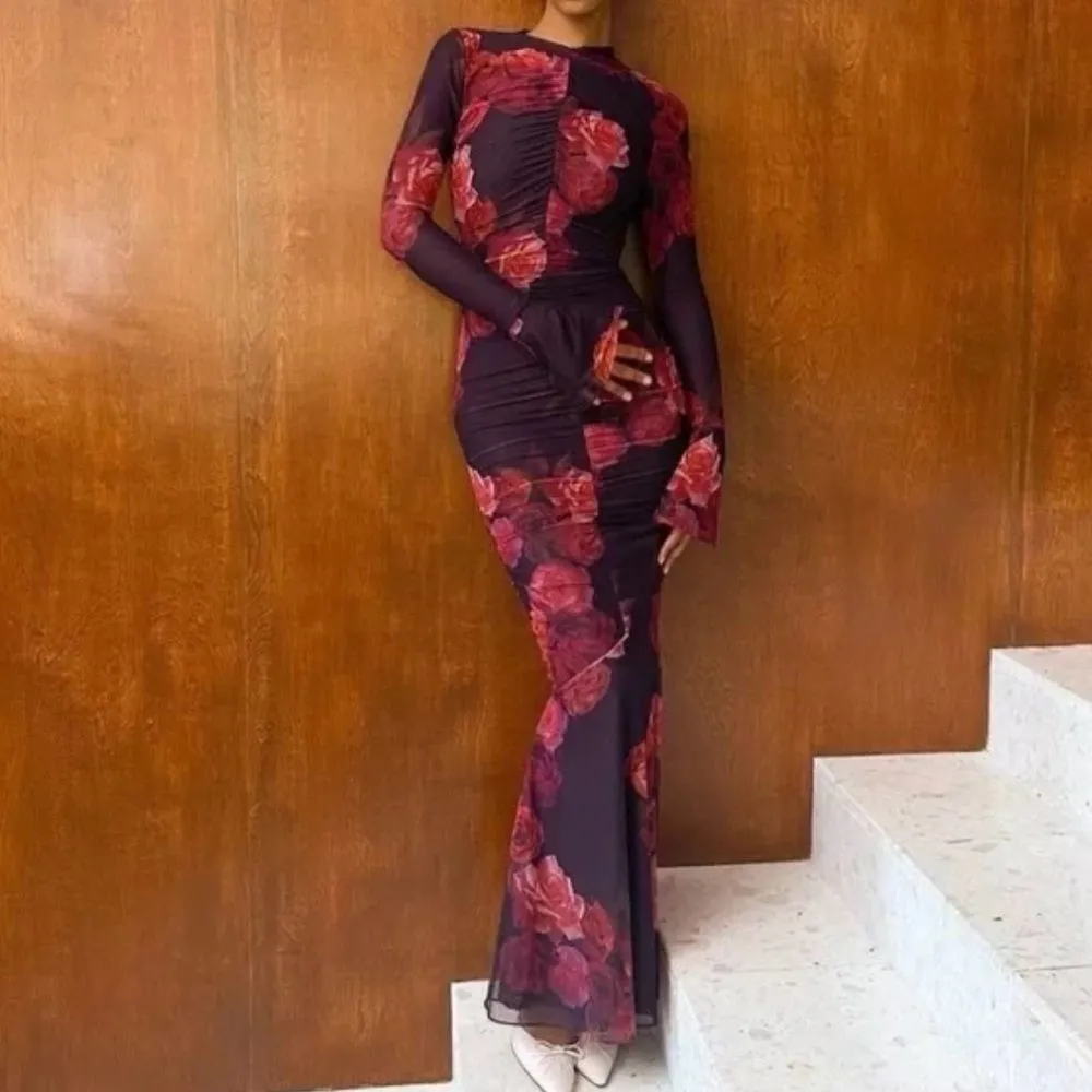 House of CB Ruched Georgette Longsleeve Maxi Dress L - Rose Floral - Image 3