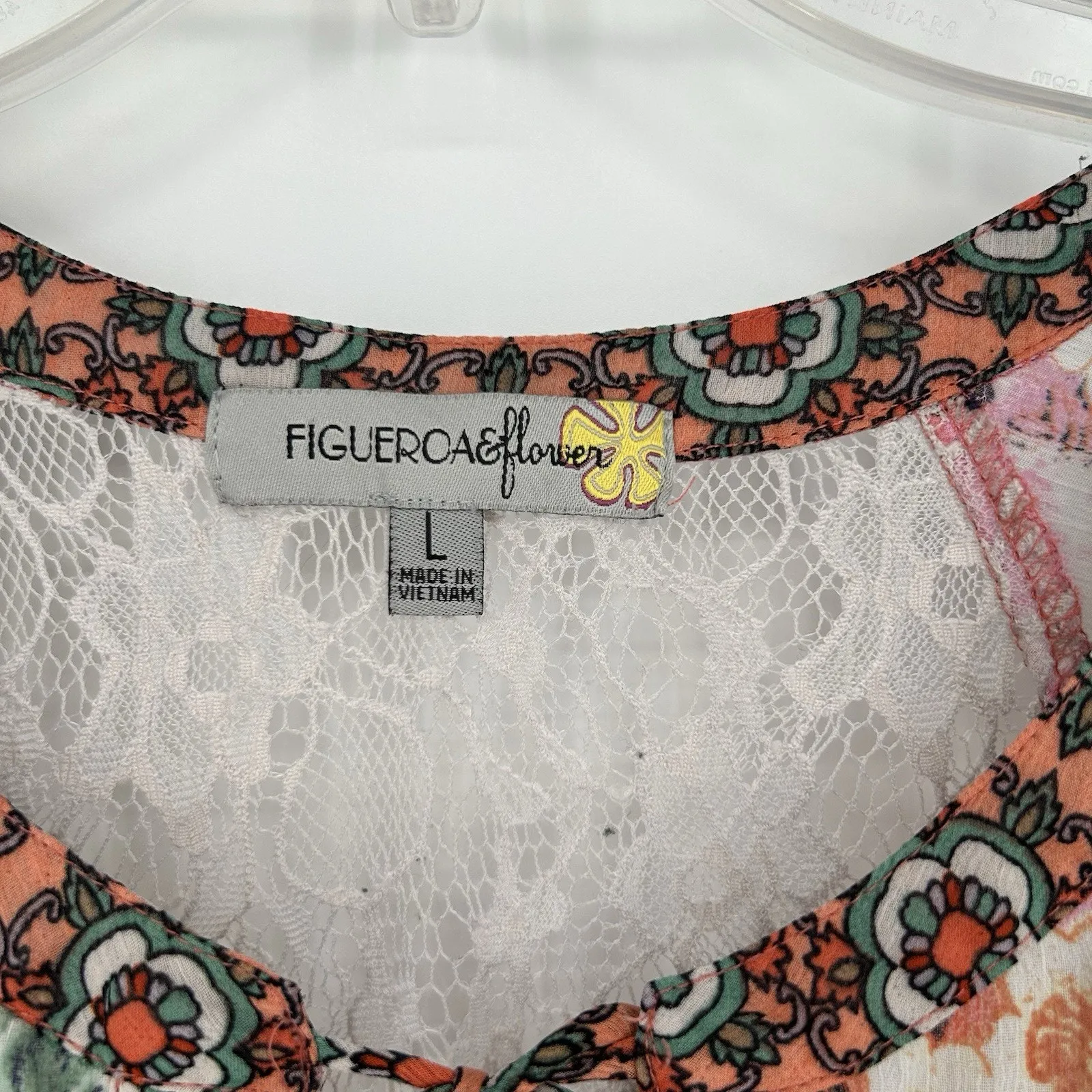 Figueroa & Flower Boho Floral Top Mixed Pattern Lace Pink Orange Tie Neck Size L Size L - Image 8