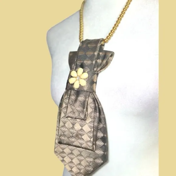 “Dainty Dapper”Brown Patterned Necktie Necklace with Flower Accent Brown - Image 3