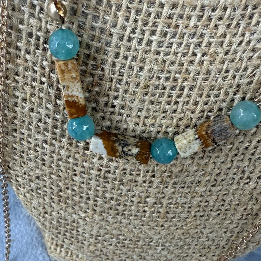 Layered Turquoise Brown Colors Stone Beaded Necklace Gold Tone Chain and Pendant - Image 7