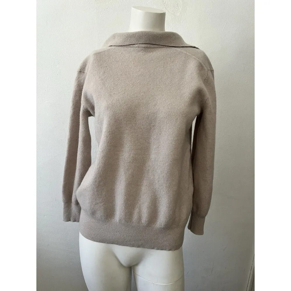 Aritzia Babaton Circuit Merino Sand Oatmeal Soft  wool polo v neck sweater sz XS - Image 3