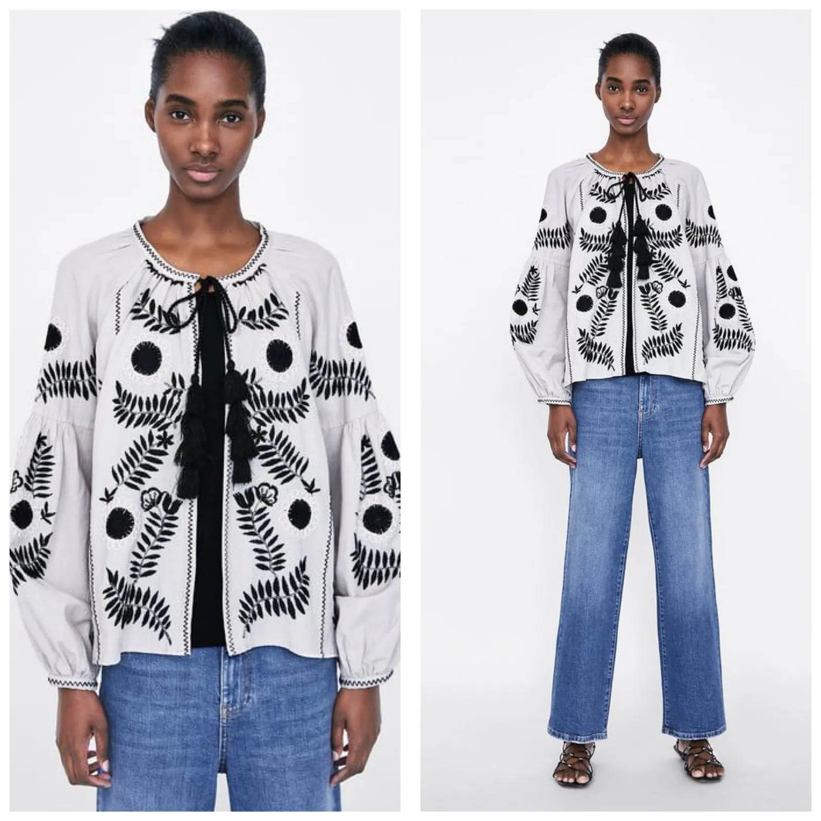 Zara Boho Embroidered Tassel Cardigan Small Cream Black Linen Cotton Western - Image 2