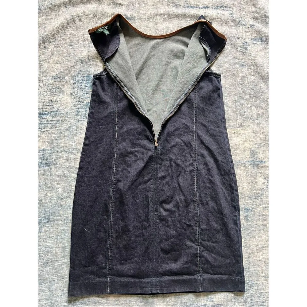 Lauren Ralph Lauren Dianva Denim Leather Trim Casual Dress Size 10 - Image 3