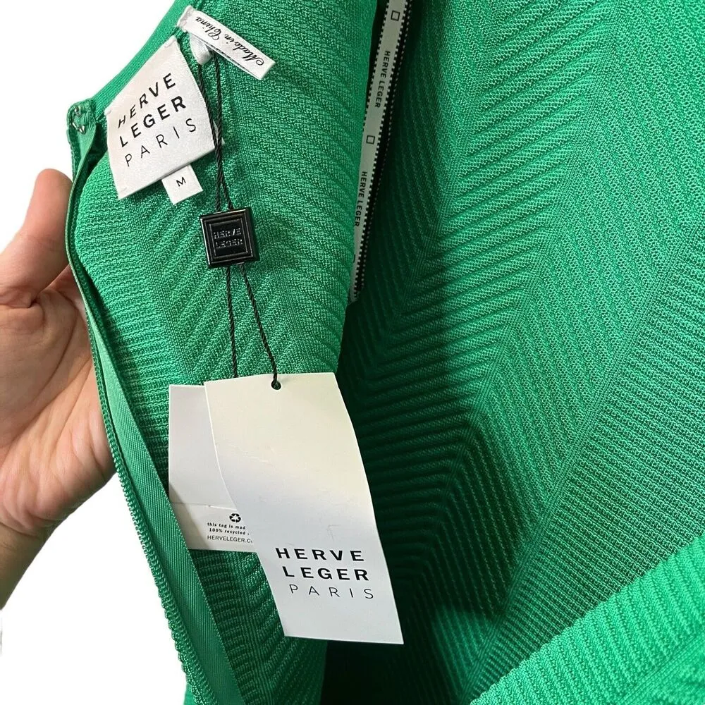 HERVE LEGER NWT Herringbone Mini Dress Green Size M Bodycon Sleeveless Scoop - Image 6