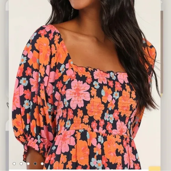 NWT Lulus Pollen in Love Navy Blue Floral‎ Puff Sleeve Mini Skater Dress SMALL - Image 3