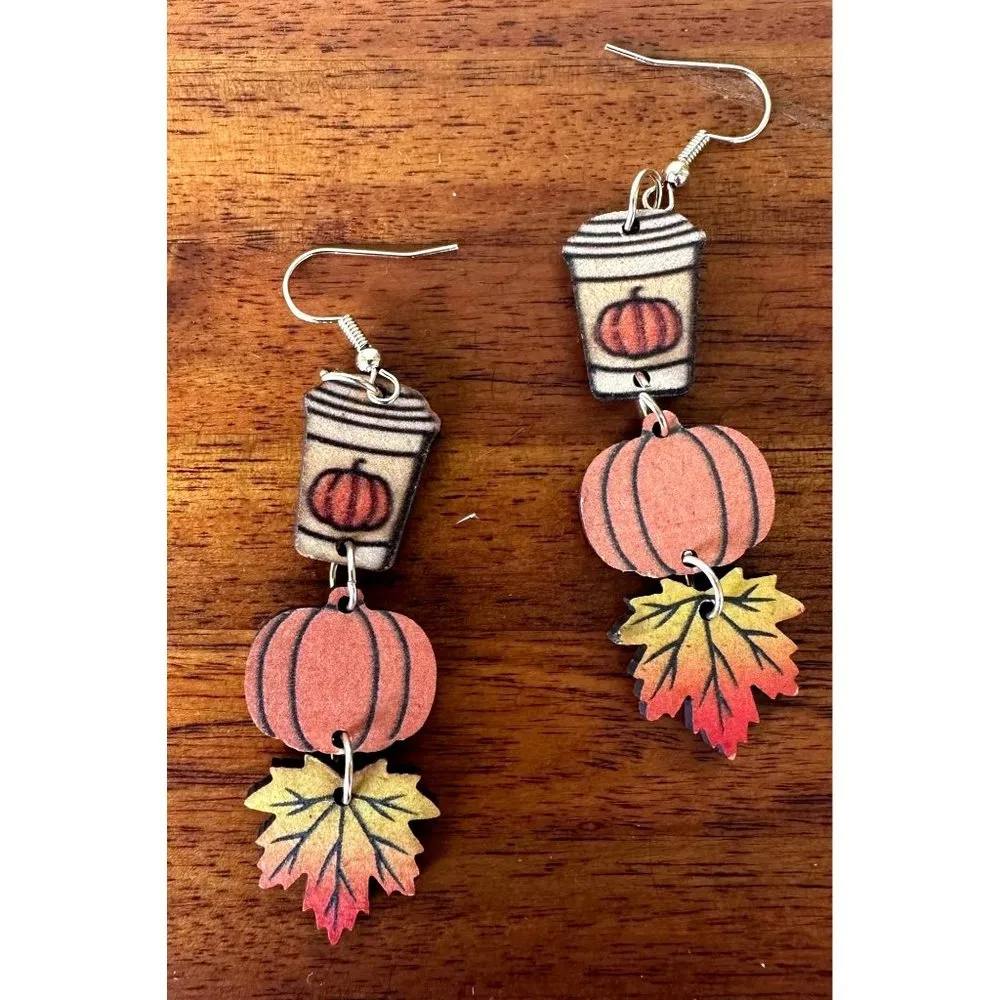 Pumpkin Latte Earrings Coffee Fall Leaves New Dangle Hooks Double Sided… - Image 2