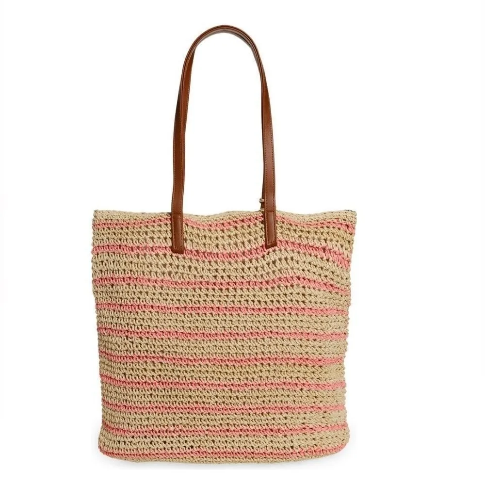 btb‎ Los Angeles Lucy Tote, Straw Woven Pom Pom Vacation Beach Bag, Natural, NWT Tan - Image 8