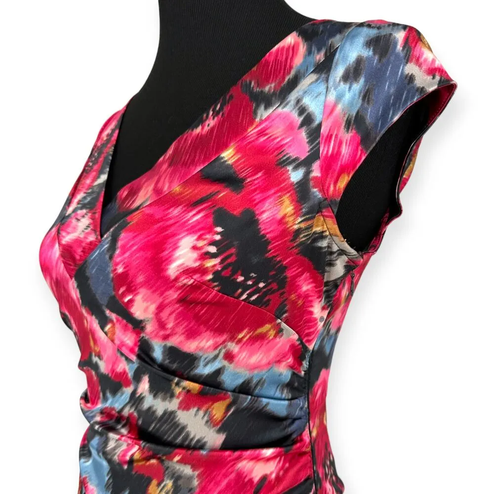 Maggy London | Size 4 | Satin Magenta Teal Floral Double-V Cap Sleeve Midi Dress - Image 5