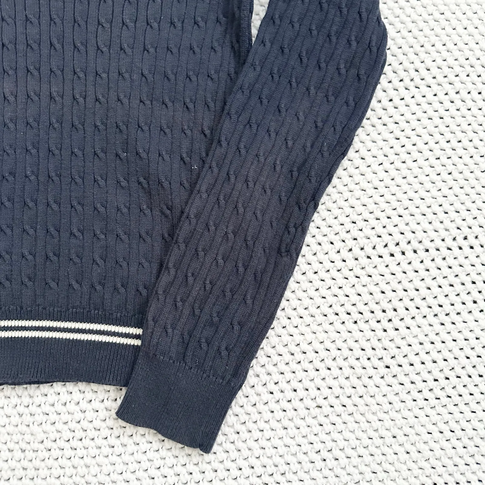 Polo Ralph Lauren Navy Blue Cable Knit Vintage Y2K Varsity V Neck Sweater Small - Image 6