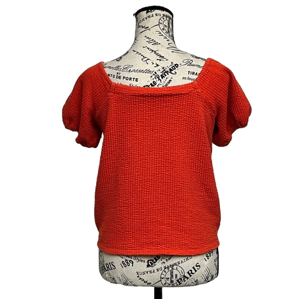 Ann Taylor LOFT Seersucker Tie Front Square Neck Puff Sleeve Top Orange XS - Image 6