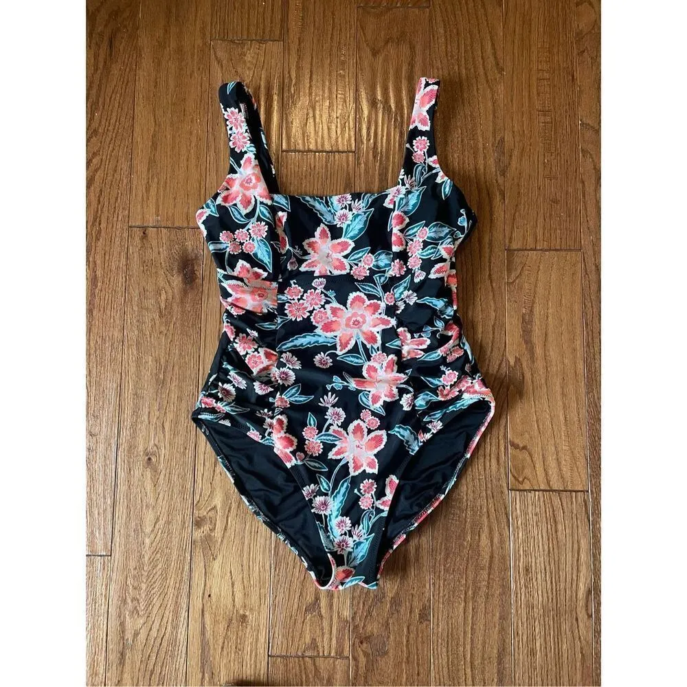 Old navy black floral ruched square neck one piece swimsuit medium - Image 2