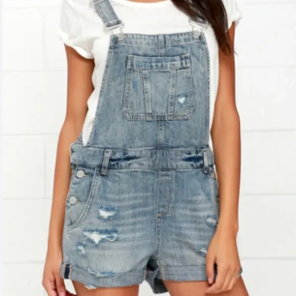 Medium Wash Short Distressed Denim Overalls - Image 2