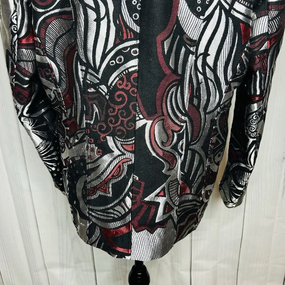 Chico's Jacket Blazer Size 2 (M) Silver Red Metallic Print Art To Wear Colorful - Image 10