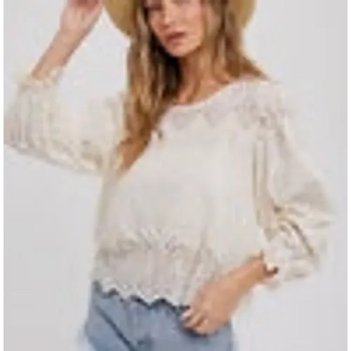 Bluivy Scallop Hem Embroidery Lace Blouse Women's Large Ivory Boho Hippie Dainty White - Image 3