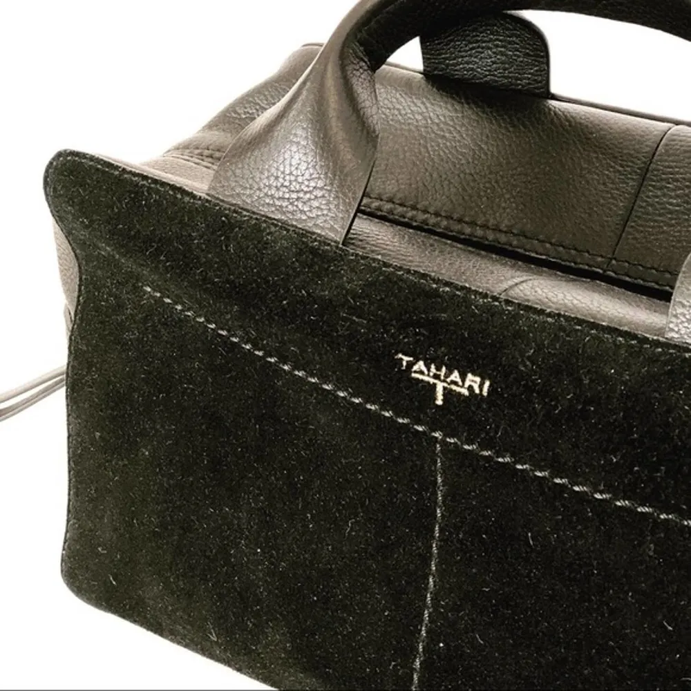 T Tahari Satchel Leather Boxy Black Suede Modern Handbag Purse - Image 2