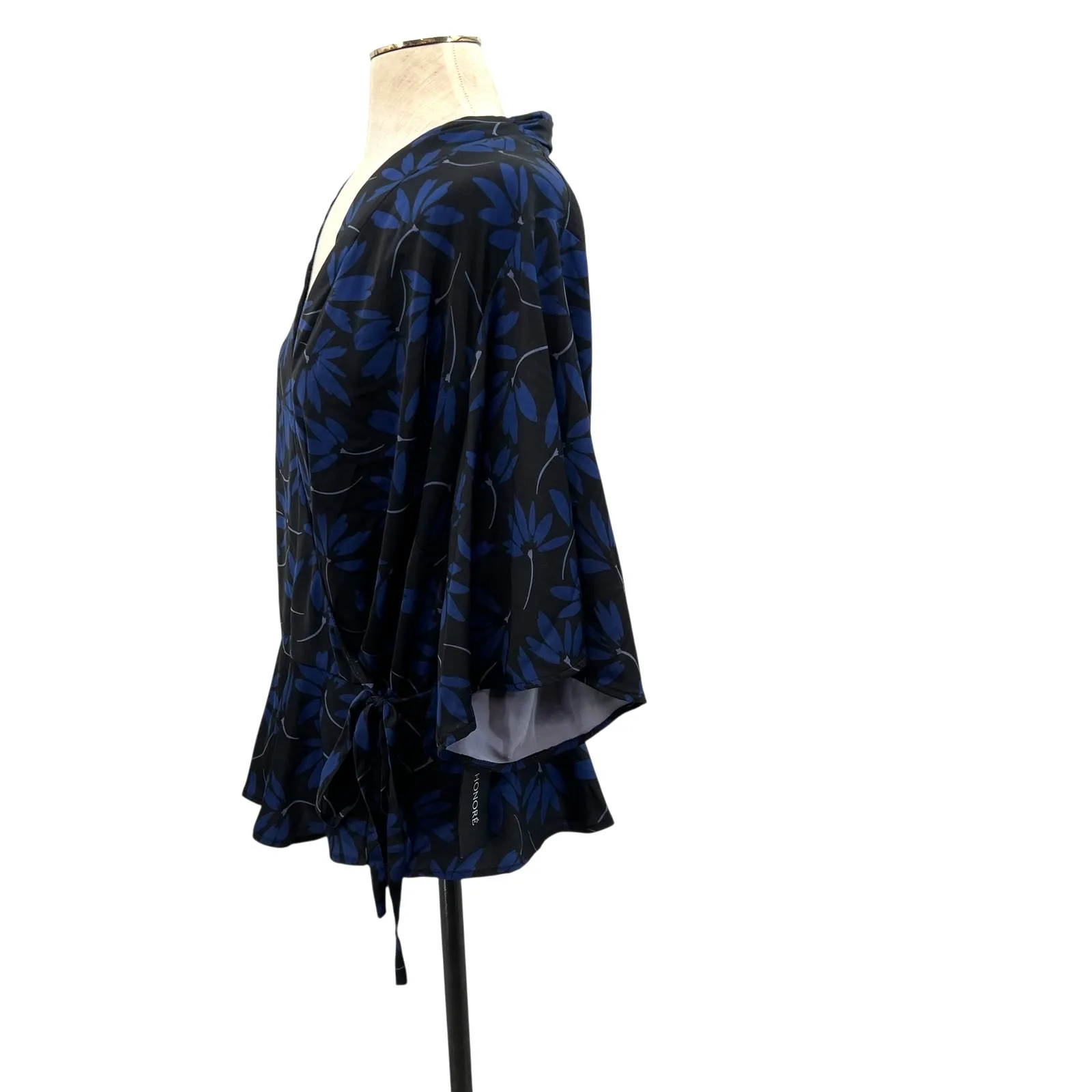 11 Honore Essie Wrap Blouse Top Satin Floral Print Black Blue Size US 18 - Image 5