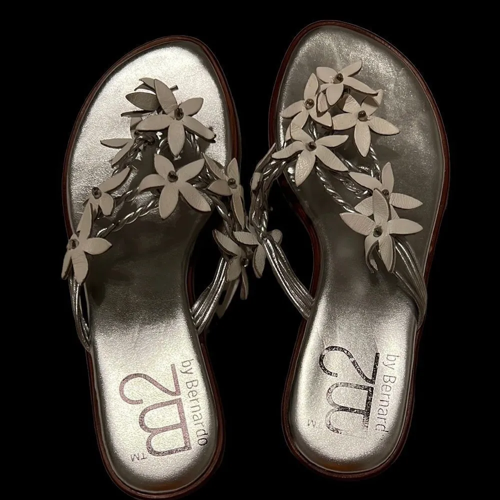 Beautiful Silver & white flowered leather sandals B2 by Bernardo worn 2x EUC Size 6 - Image 2
