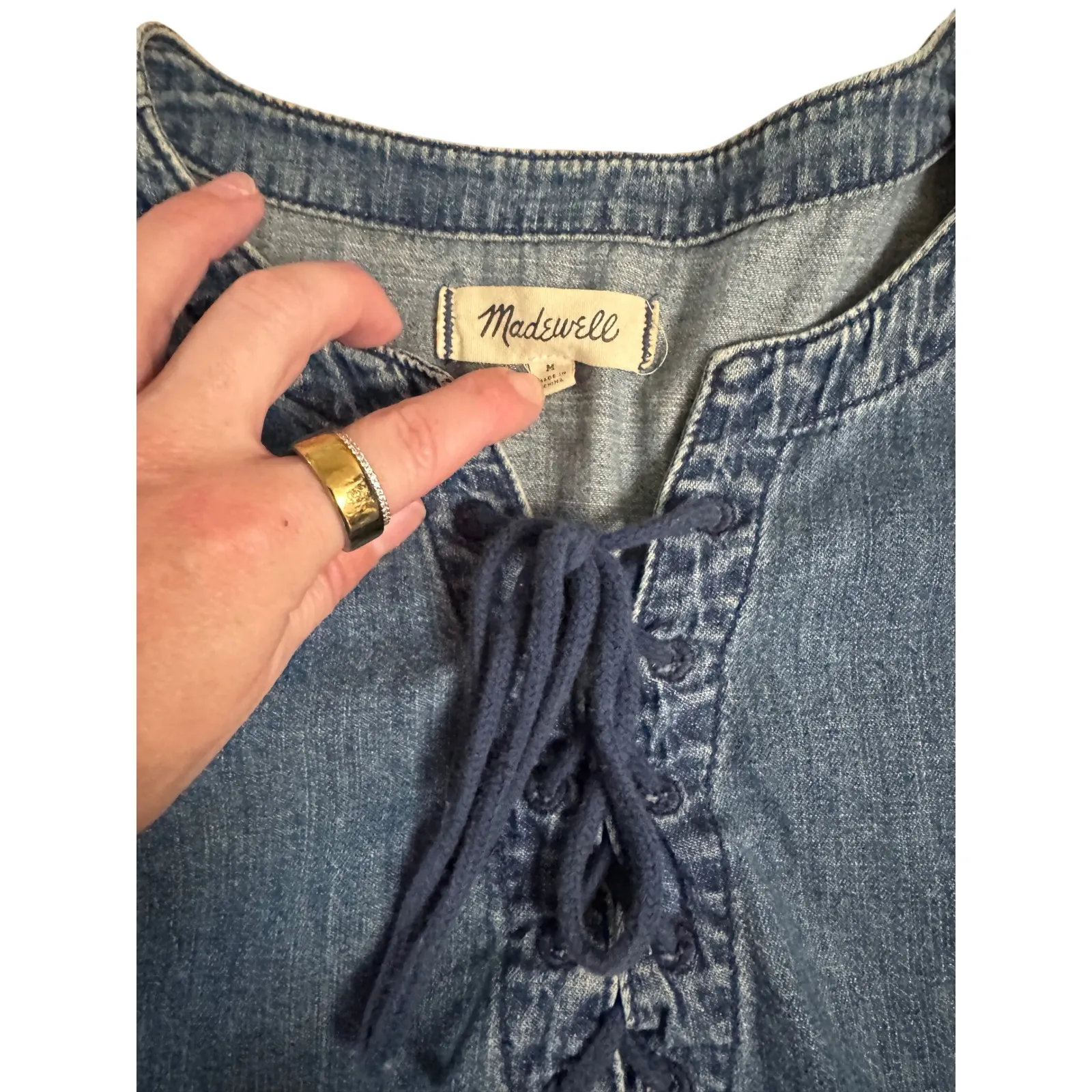 Madewell Women's Blue Denim Lace-Up Short Sleeve Casual Top Blouse Size M Boho - Image 3