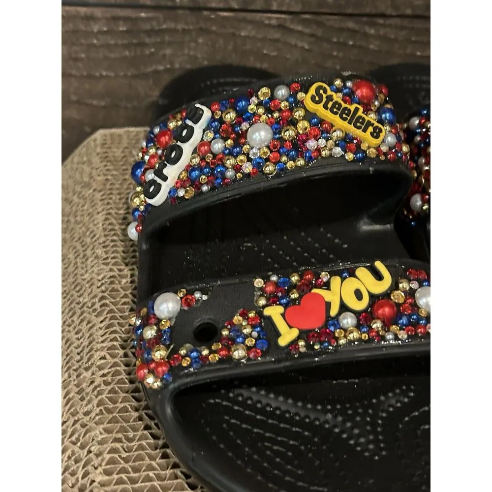 Custom Blinged Crocs Slides. Rhinestones, Charms, Vinyl STEELERS‎ Size M8 W10 - Image 4