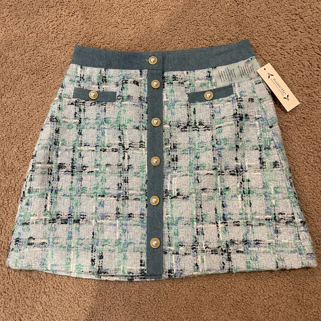 NANETTE LEPORE Blue/ Green Pearl Button Tweed Mini Skirt - Image 2