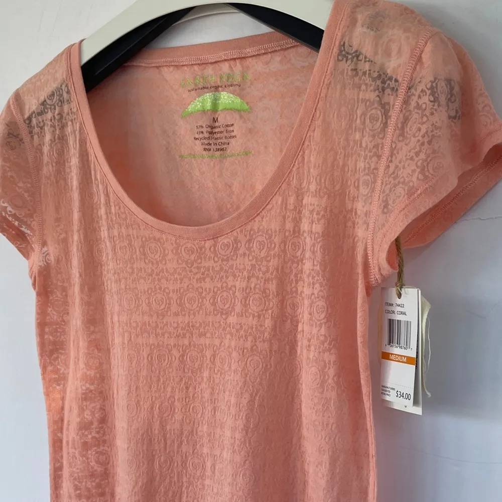 Earth Yoga Sheer Organic Cotton Blend Coral Peach Short Sleeve Tee Medium Pink - Image 3