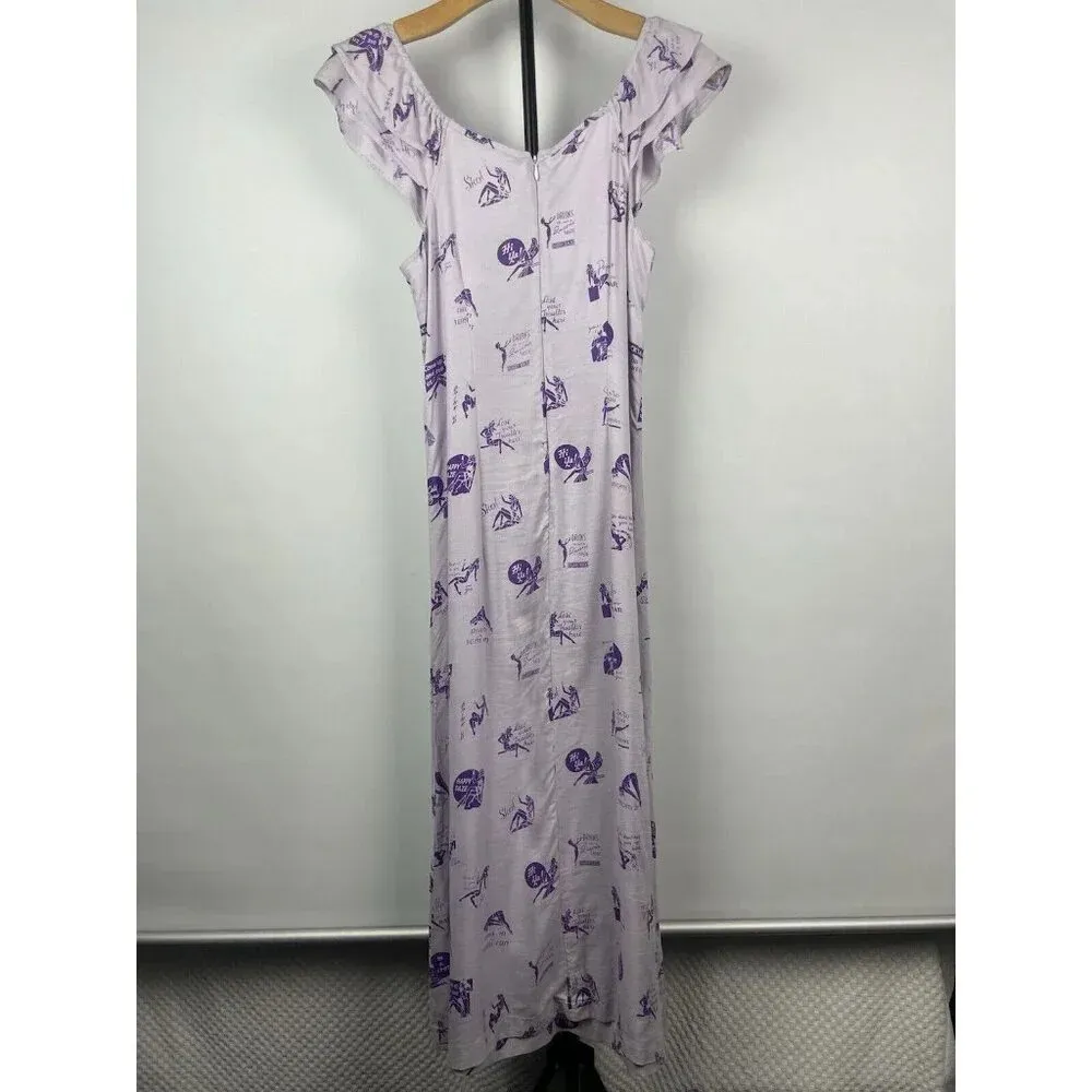 Lavender Milkmaid Pinup Novelty Cocktail Quirky Print Flutter‎ Sleeve Midi Dress Purple - Image 7