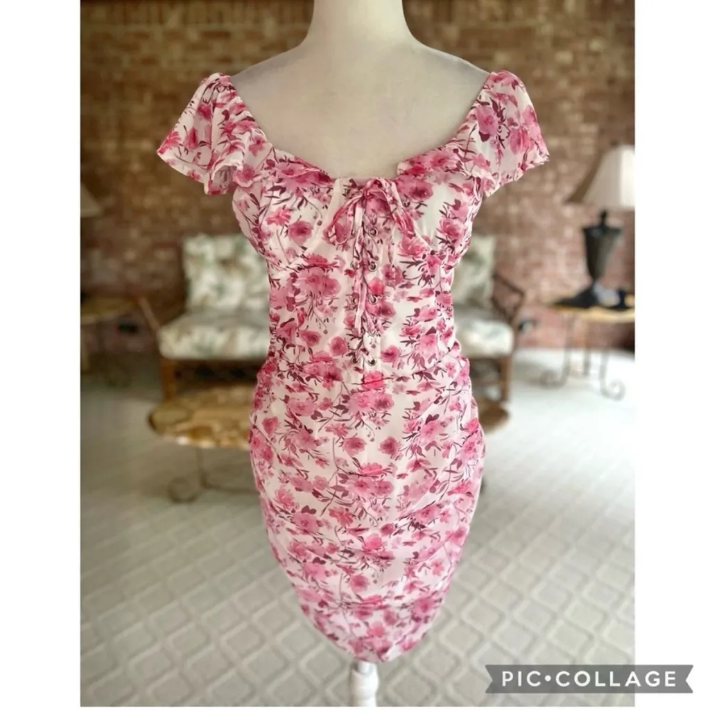 Mari Bella Oh Polly Dress Ruched Floral Off the Shoulder Ruched Bodycon Mini S Pink - Image 3