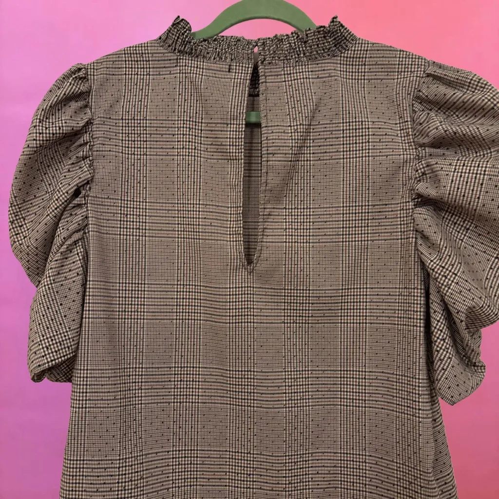 Zara Brown Plaid & Polka Dot Puff-Sleeve Babydoll 60s Style Shift Dress - Medium - Image 12