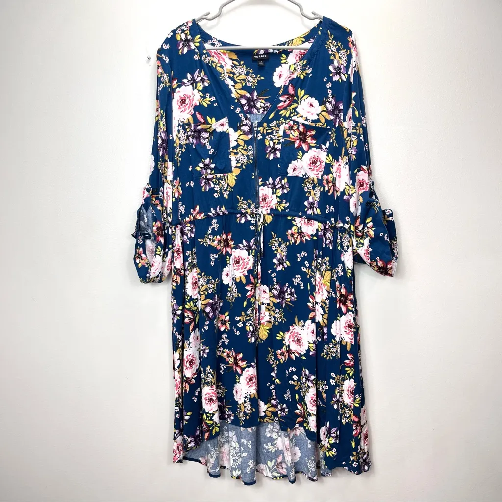 Torrid Blue Floral Zip Up 3/4 Tab Sleeve Pockets Challis Hi‎ Low Shirt Dress 3X - Image 5