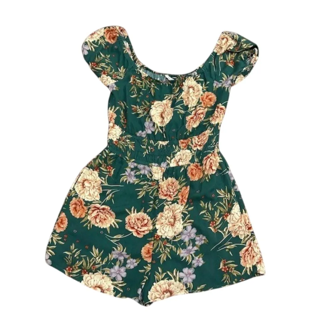 American Eagle Green Floral Romper M Off-Shoulder Cottagecore Boho Coquette‎ - Image 8