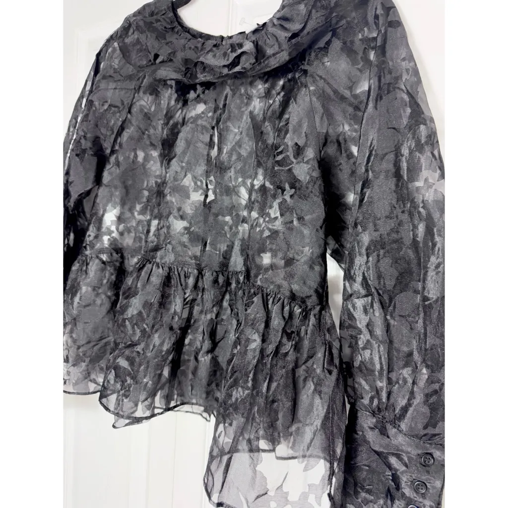 Topshop Black Sheer Floral Ruffle Neck Organza Long Sleeve Top Size 4 - Image 5
