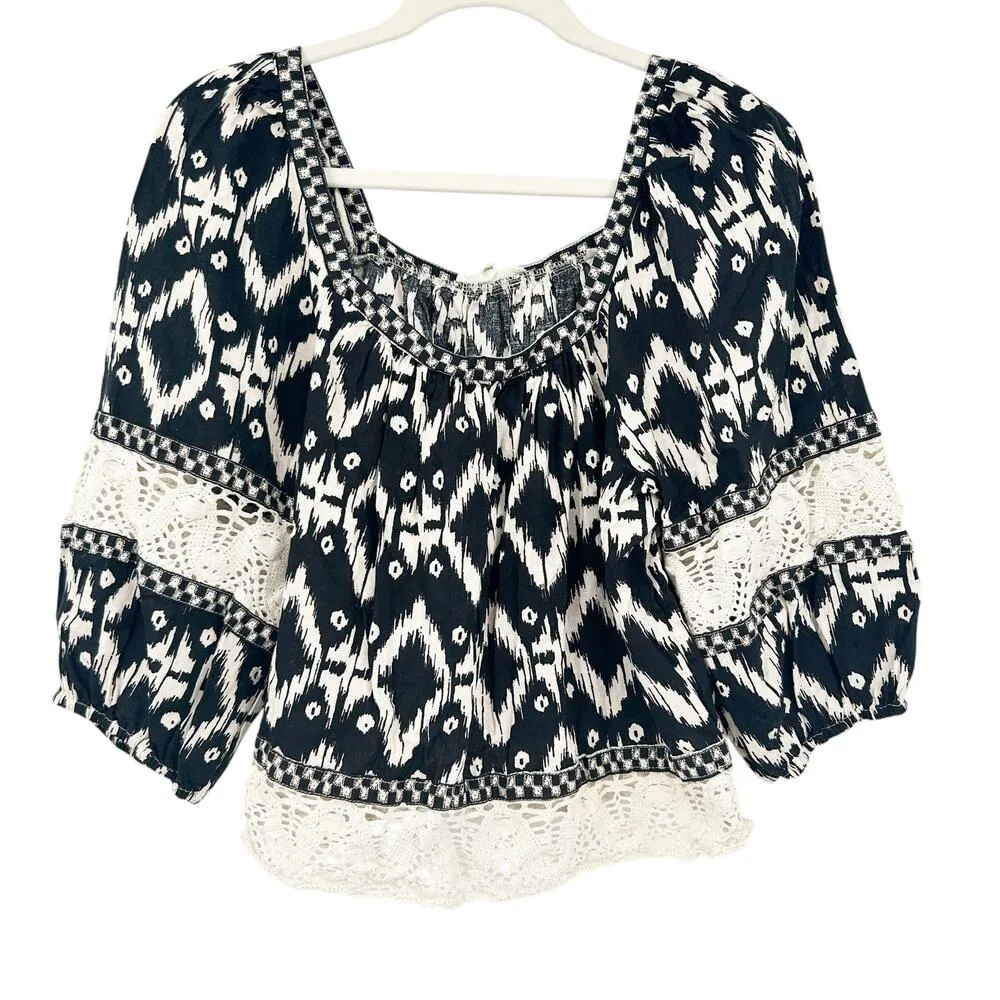 Christian Siriano Womens Boho Southwestern Beachy Linen Blend Crochet Top Size M Black Size M - Image 2