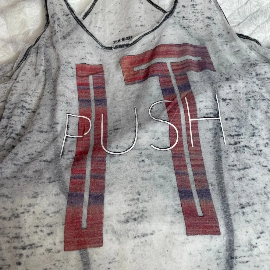 STEVE MADDEN Distressed Small‎ Push It Graphic Tank Grey Red Racerback - Image 2