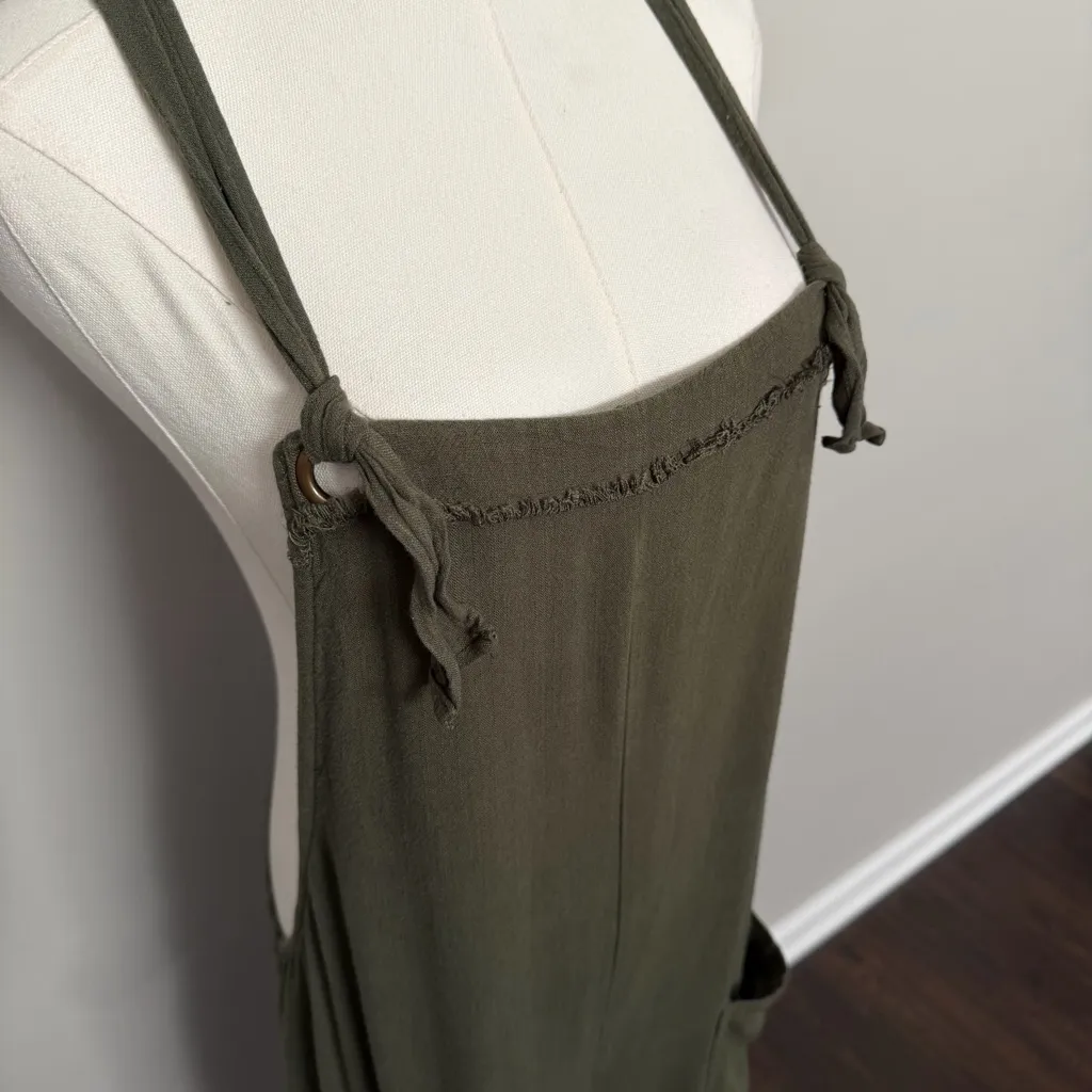 Natural Life Jumpsuit Rayon Linen Baggy Relaxed Raw Hem Travel Beach Olive Green - Image 6