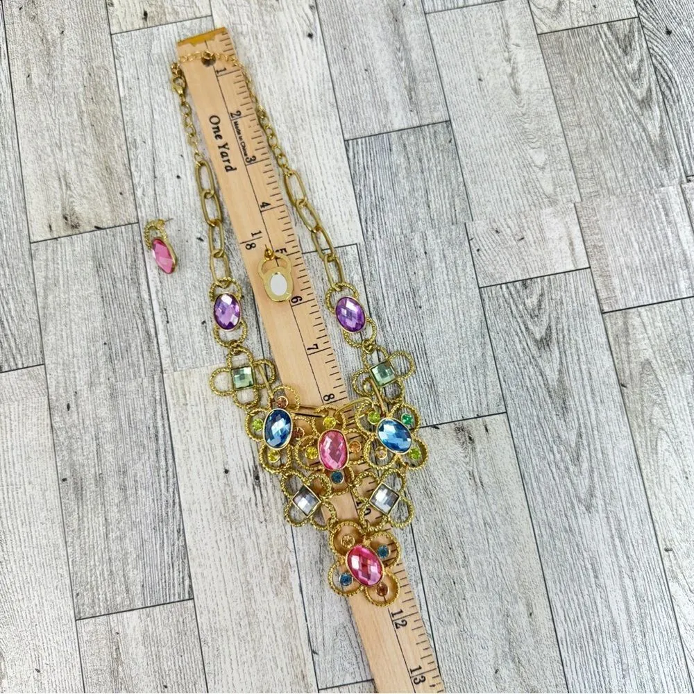 Pastel‎ Gemstone Statement Bib Necklace Earrings Set Gold - Image 8