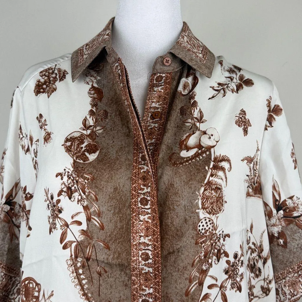 Rachel Zoe Satin Short Sleeve Button Down Collared Blouse Shirt Boho Brown Small - Image 2