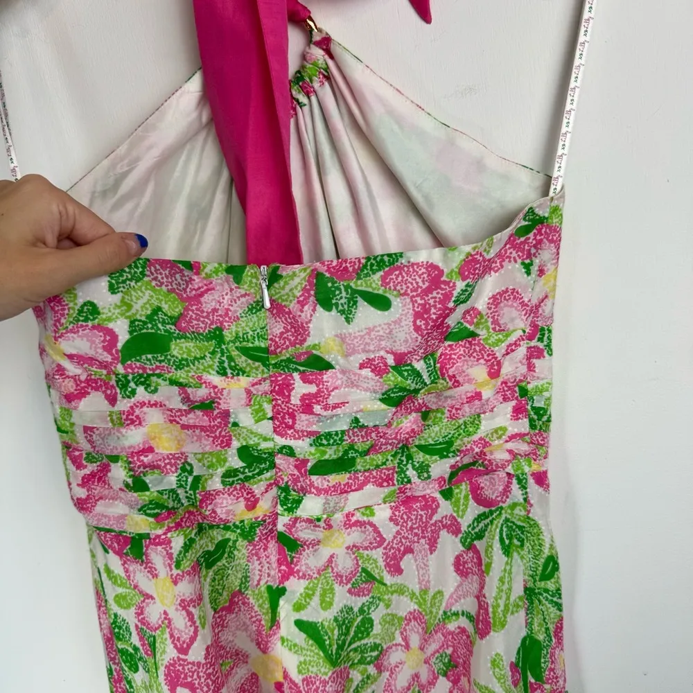 Lilly Pulitzer Floral Midi Dress Sz 2 Cotton Silk Blend Halter Neck Bow Tie Back - Image 12