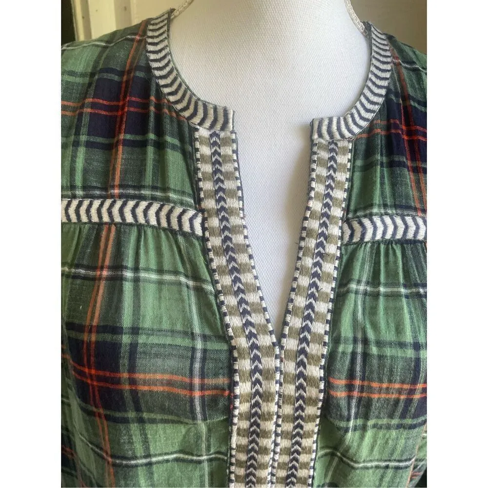 JCrew Embroidered Cotton Long Sleeve Green Plaid Peasant Blouse Size 2 - Image 7