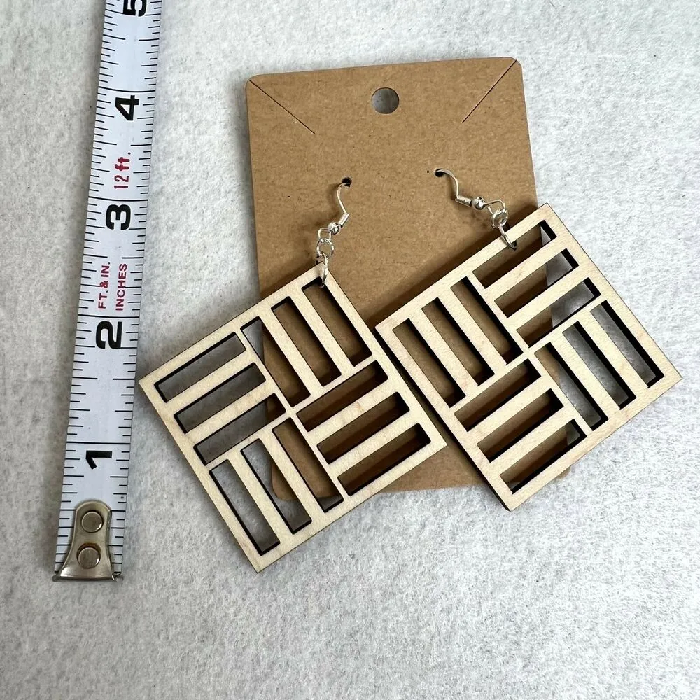 Wooden Geometric Square Cutout Earrings Silver - Image 3