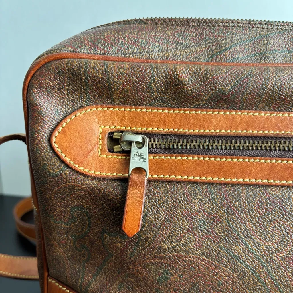 ETRO Red Paisley Crossbody Messenger Shoulder Bag Leather Coated Canvas ITALY Brown - Image 6