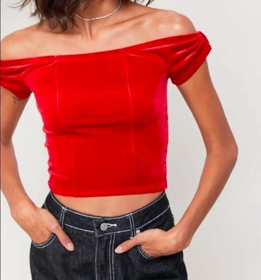 Urban outfitters red velvet off the shoulder crop top  - Image 2